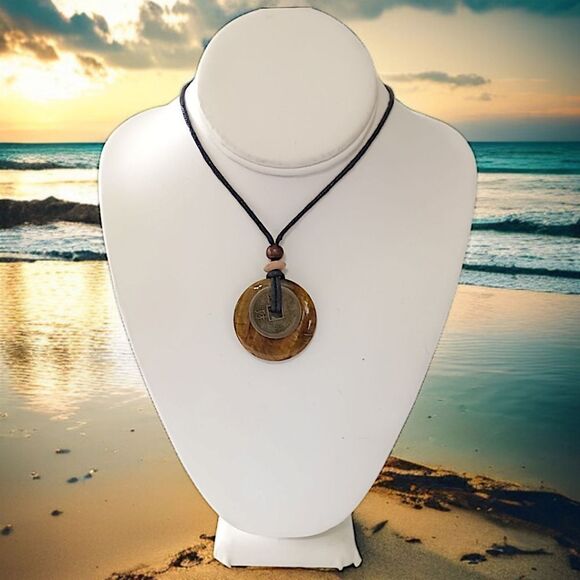 Tigers Eye Necklace Pendant Disc Coin Corded Bohemian Hippie Boho Chic Gypsy - Picture 8 of 16